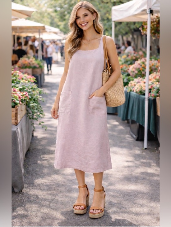 Rafaella Dresses & Skirts - Lavender 100% Linen Midi Dress Pockets Minimalist Coastal SummerShift Relaxed